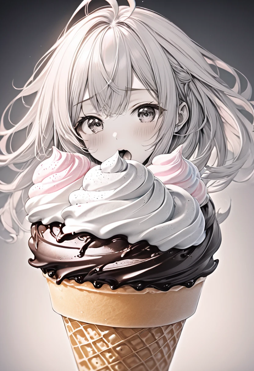 vivid color, colorful soft serve ice cream, background pastel color, BREAK (ultra detailed, absolutely resolution, best quality:1.3), monochrome, pencil sketch art, cute woman, amorous and lewd face, mouth half open, sighing, messy hair, great proportion, loose clothing, 2.5D, delicate and dynamic, shading effects, hyper realistic