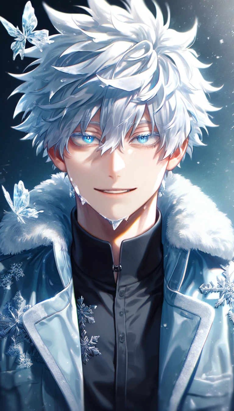 absurdres, highres, ultra detailed, HDR, master piece, best quality, extremely detailed face, delicated features, Gojou Satoru, white hair, messy hair, hair between the eyes, expressive blue eyes, white eyelashes, Boku No Hero Academia, solo, sexy man, handsome, smiling, light-blue jacket with fur, black shirt, black pants, white boots, full body, fantasy, magical, ice, snow, ice butterflies, snowflakes, ice flowers, ice background