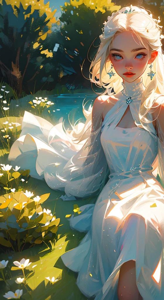 hold head portrait, fantasy, Goddess, jour, gardens, fille, Sweet face, with long pale blonde hair, in a slightly open white dress with diamonds on the fabric, open shoulders, seins expressifs, magnificent, face looks like Natalie Portman, HD