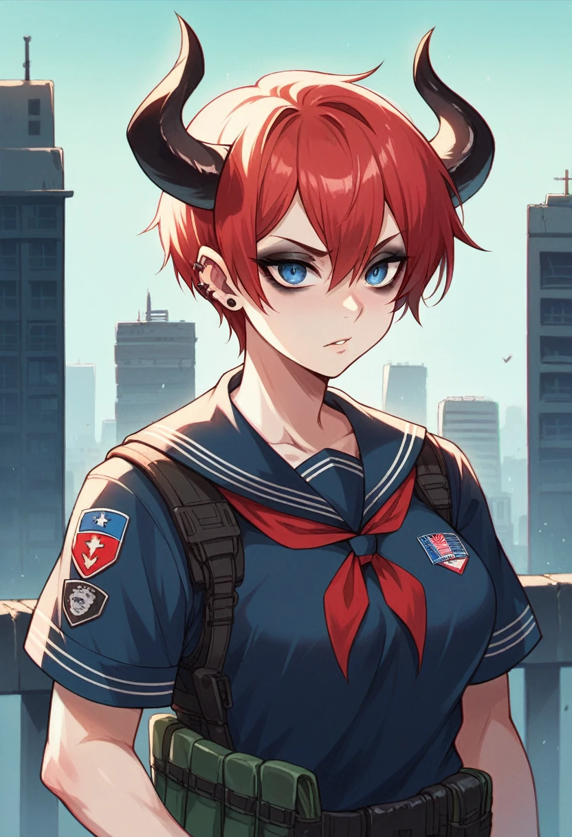 (((masterpiece))), emo eyeliner and piercings, athletic build, demon horns, school sailor uniform, large breasts, tactical vest and gear, oversized tactical cleaver, short red hair, blue eyes, cityscape background, chromatic aberration
