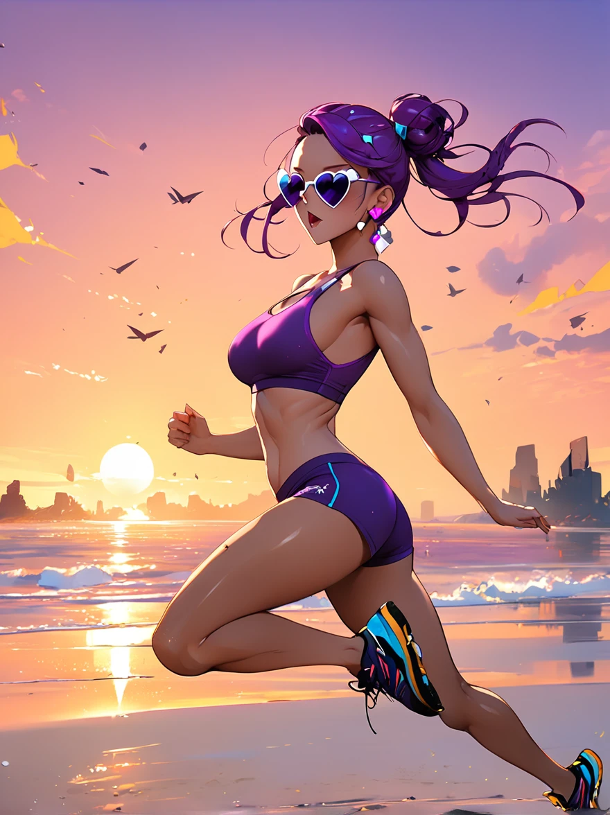 (in style of Benedick Bana:1.9), A beautiful girl, Running in sexy yoga top and shorts, slim body, Beautiful face, on the beach, Beautiful sunset, (whole body:1.9), Facing the audience, Happy expression, Perfect body, running shoes, purple hair, twintails, heart hair bun, sunglasses, multicolored eyes, crystal earrings, purple hair, twintails, heart hair bun, sunglasses, multicolored eyes, crystal earrings, grimace, Anatomically correct, UHD, masterpiece, accurate, textured skin, award winning, best quality, 8k