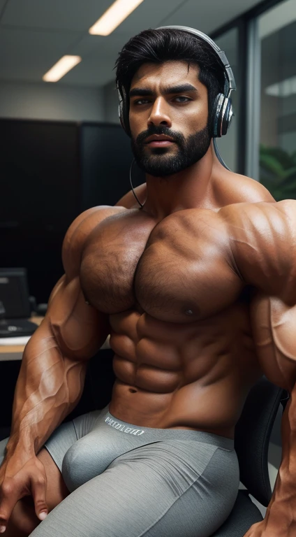 An award-winning original photo, Pain is raging on the face, screaming with pain  and making aggressive face expressions with eyes closed, the head is tilted back  A wild handsome muscular indian man,( 20 years old:1.3), 1boy, Solo, (), (tight underwear), sitting on chair in luxury office, from Front view, black hair, (big shoulders), musculature, stubbles, beard, headphones, Beautiful eyes:1.3, ), (Detailed face:1.3), dimples, (holded penis), Dynamic front Angle view, volumetric lighting, (Best quality, A high resolution, Photorealistic), Cinematic lighting, Masterpiece, RAW photo, Intricate details, hdr, depth of field, upper body, His perfect huge bulge,masterpieces 