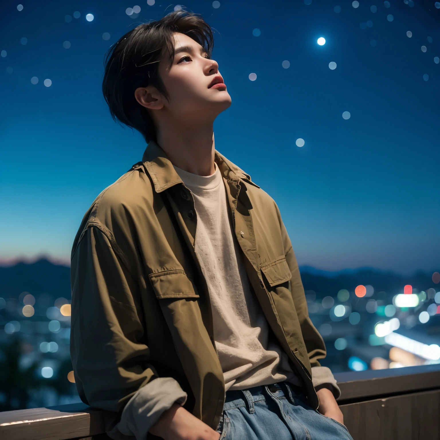 ((highest quality, 8K, masterpiece: 1.3)), Best quality, masterpiece, ultra high res, (photorealistic: 1.4), raw photo, cinematic lighting, a young Korean man, 25 years old, wearing casual clothes, neat medium hair, leaning against the wall, facing the beautiful night sky, looks like he is contemplating, above the sky there are stars, facing sideways