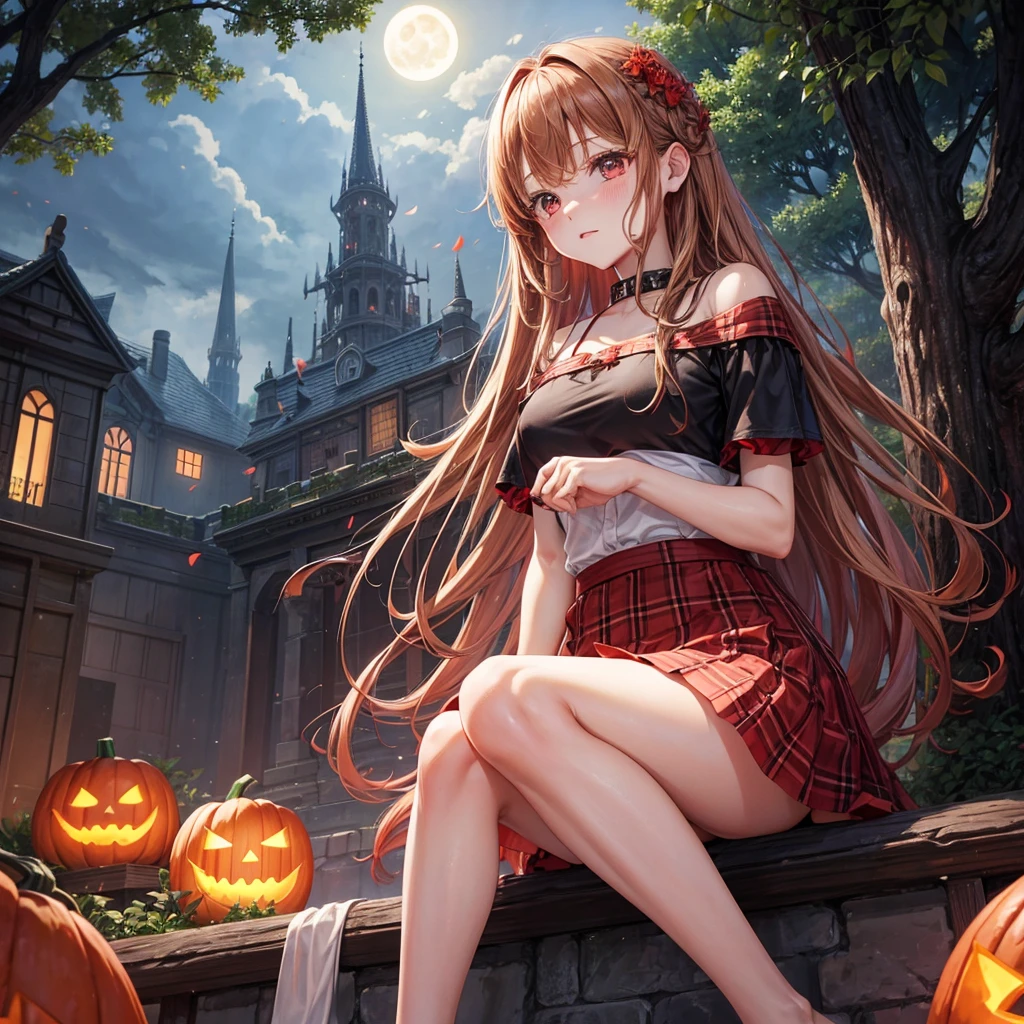 reddish brown blonde、Red eyes、One cute girl、solo、And soul、Light clothing、Checked mini skirt、petal、Wet hair、Sit on、black t-shirts、large tree、cloud、full moon、monster castle、Lantern in the shape of a pumpkin、Hell&#39;s Gate、armor、barefoot、Stones are piled up、Teeth are visible、Secret Treasure、Wooden chair、Moss grows、Fortress City、water is gushing out、Lightning strikes、Tilting face