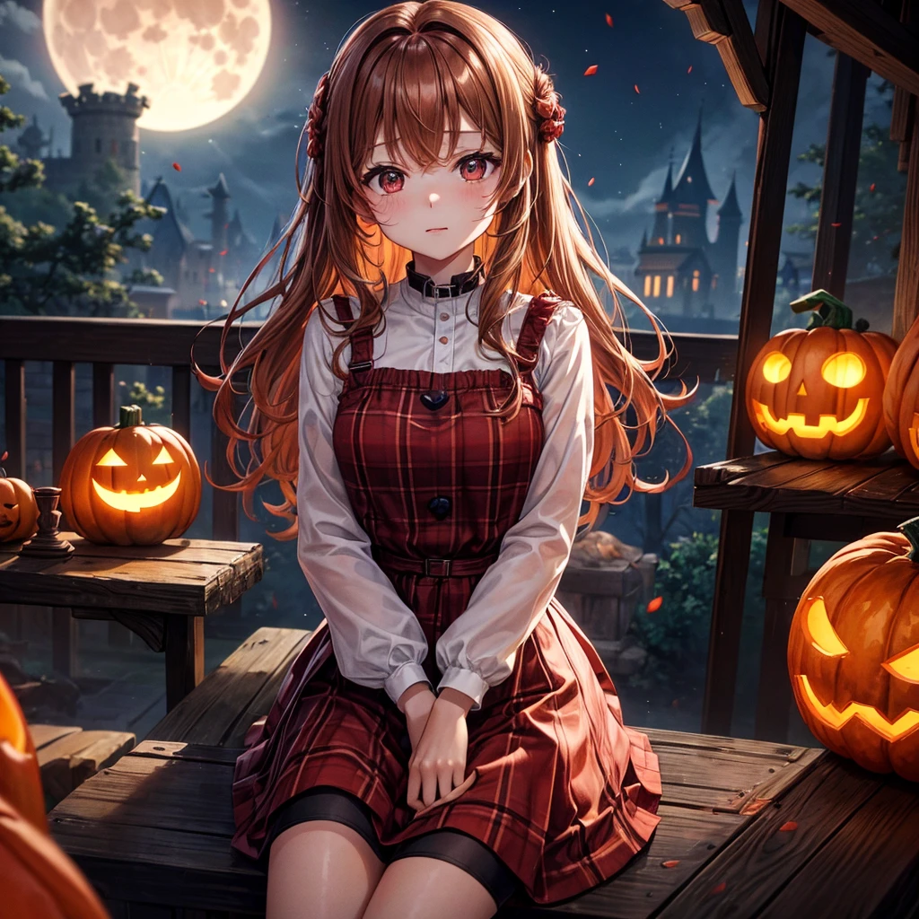 reddish brown blonde、Red eyes、One cute girl、solo、And soul、Light clothing、Checked mini skirt、petal、Wet hair、Sit on、black t-shirts、large tree、cloud、full moon、monster castle、Lantern in the shape of a pumpkin、Hell's Gate、armor、barefoot、Stones are piled up、Teeth are visible、Secret Treasure、Wooden chair、Moss grows、Fortress City、water is gushing out、Lightning strikes、Tilting face