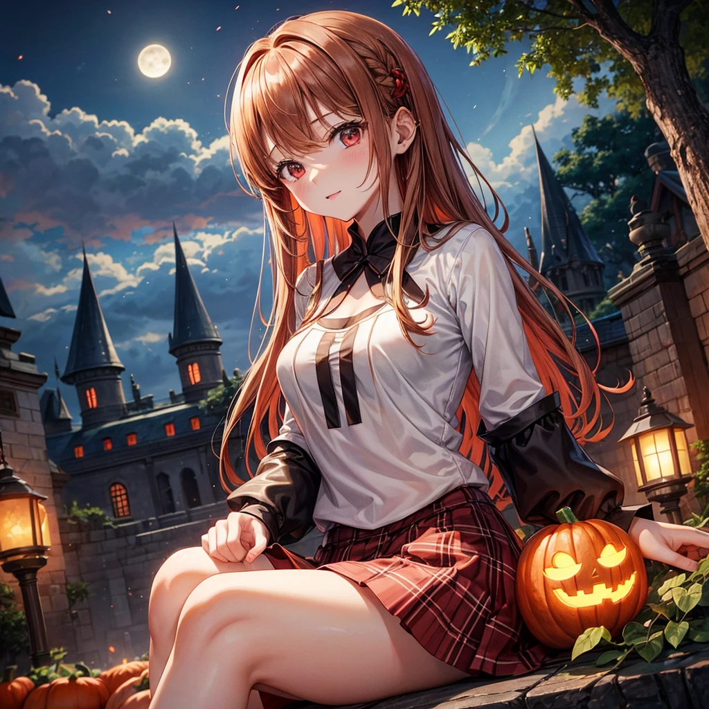 reddish brown blonde、Red eyes、One cute girl、solo、And soul、Light clothing、Checked mini skirt、petal、Wet hair、Sit on、black t-shirts、large tree、cloud、full moon、monster castle、Lantern in the shape of a pumpkin、Hell's Gate、armor、barefoot、Stones are piled up、Teeth are visible、Secret Treasure、Wooden chair、Moss grows、Fortress City、water is gushing out、Lightning strikes、Tilting face