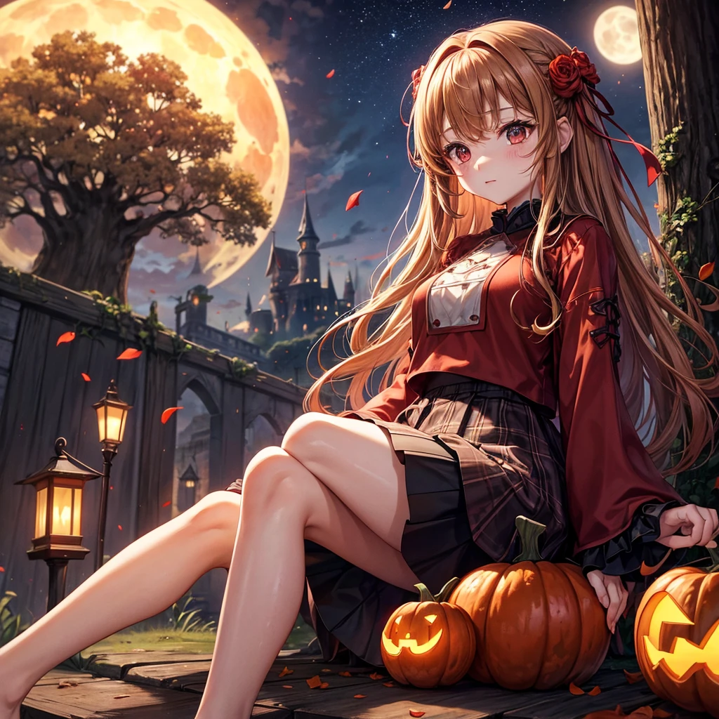 reddish brown blonde、Red eyes、One cute girl、solo、And soul、Light clothing、Checked mini skirt、petal、Wet hair、Sit on、black t-shirts、large tree、cloud、full moon、monster castle、Lantern in the shape of a pumpkin、Hell&#39;s Gate、armor、barefoot、Stones are piled up、Teeth are visible、Secret Treasure、Wooden chair、Moss grows、Fortress City、water is gushing out、Lightning strikes、Tilting face