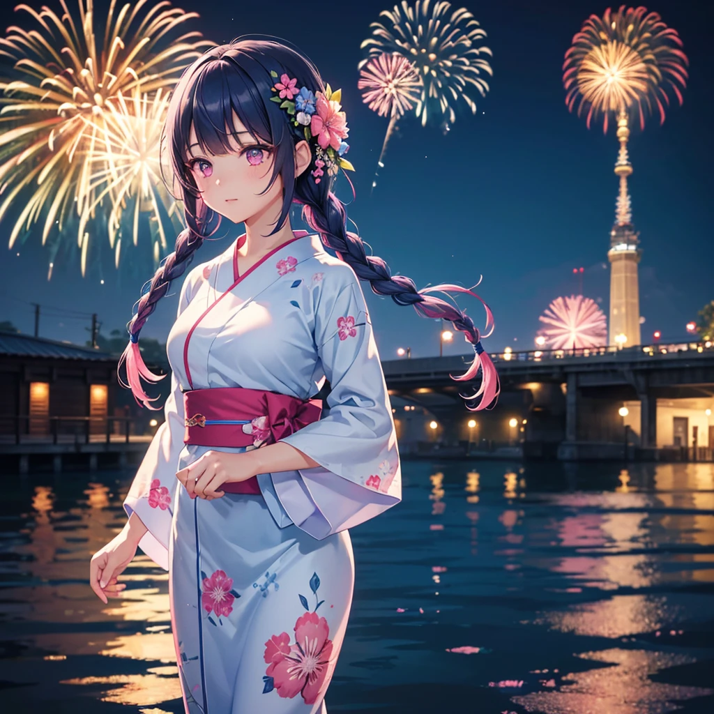Sky Blue Medium Hair, (Braided hair),(Pink Eyes),Fair skin ,(whole body),(1 girl)、Floral Yukata、summer night、Fireworks on the lake、Big fireworks、Straight bangs,(masterpiece, Highest quality, Very detailed, Best Shadow), (Detailed Background), (Beautifully detailed face), High Contrast, (Best lighting, Very delicate and beautiful), ((Cinematic Light)), colorful, Hyper Detail 8k, Dramatic Light, Intricate details,Fireworks light reflected on the water