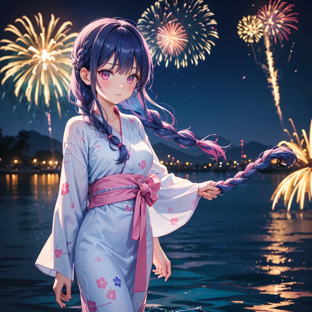 Sky Blue Medium Hair, (Braided hair),(Pink Eyes),Fair skin ,(whole body),(1 girl)、Floral Yukata、summer night、Fireworks on the lake、Big fireworks、Straight bangs,(masterpiece, Highest quality, Very detailed, Best Shadow), (Detailed Background), (Beautifully detailed face), High Contrast, (Best lighting, Very delicate and beautiful), ((Cinematic Light)), colorful, Hyper Detail 8k, Dramatic Light, Intricate details,Fireworks light reflected on the water