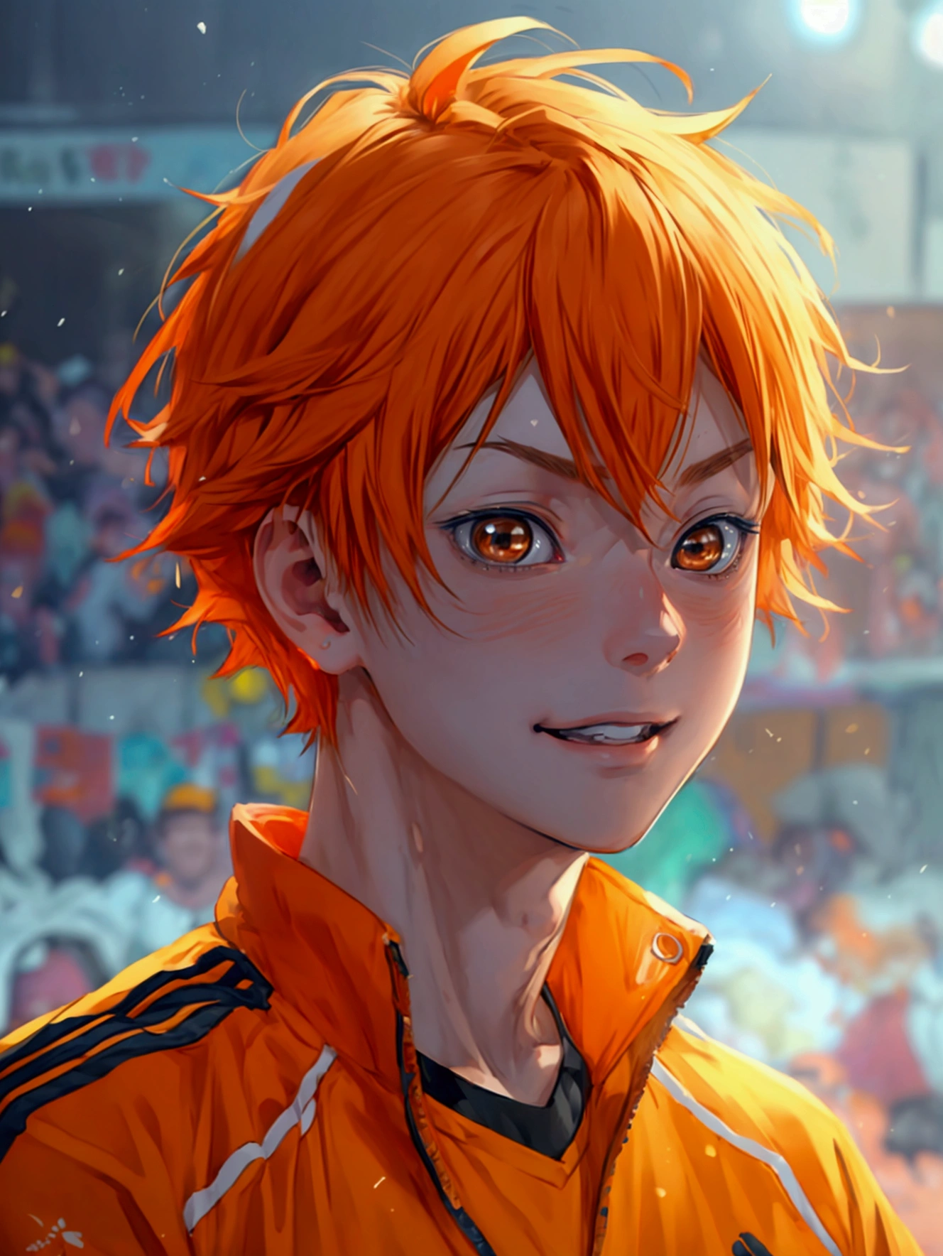 (Very realistic、concentrated、High resolution、Detailed face、Detailed Hair、Fine particles)、Official Art、Hinata Shoyang、 wallpaper、((1 boy))、Bright orange short hair、Light brown eyes、Glaring at the camera、A determined look、Photographed from the front、Bright smile、Orange Hair Color、日本のanime スタイル、anime 、Jersey、Adidas、gym、