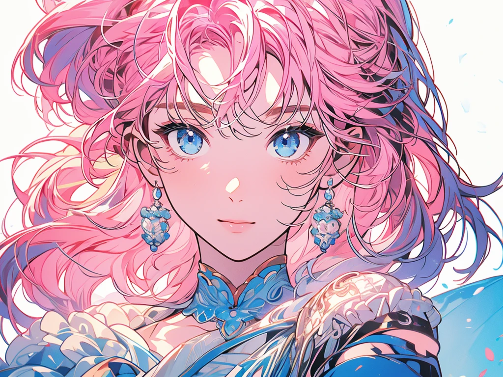 8k、超High resolution,Highest quality、masterpiece、High resolution、detailed、Perfect Anatomy、Correct Anatomical Eye Shape、An illustration、There is only one person、Plain white background、White skin、White Dress、girl、With bangs、long hair、Pastel pink hair、Blue Eyes、