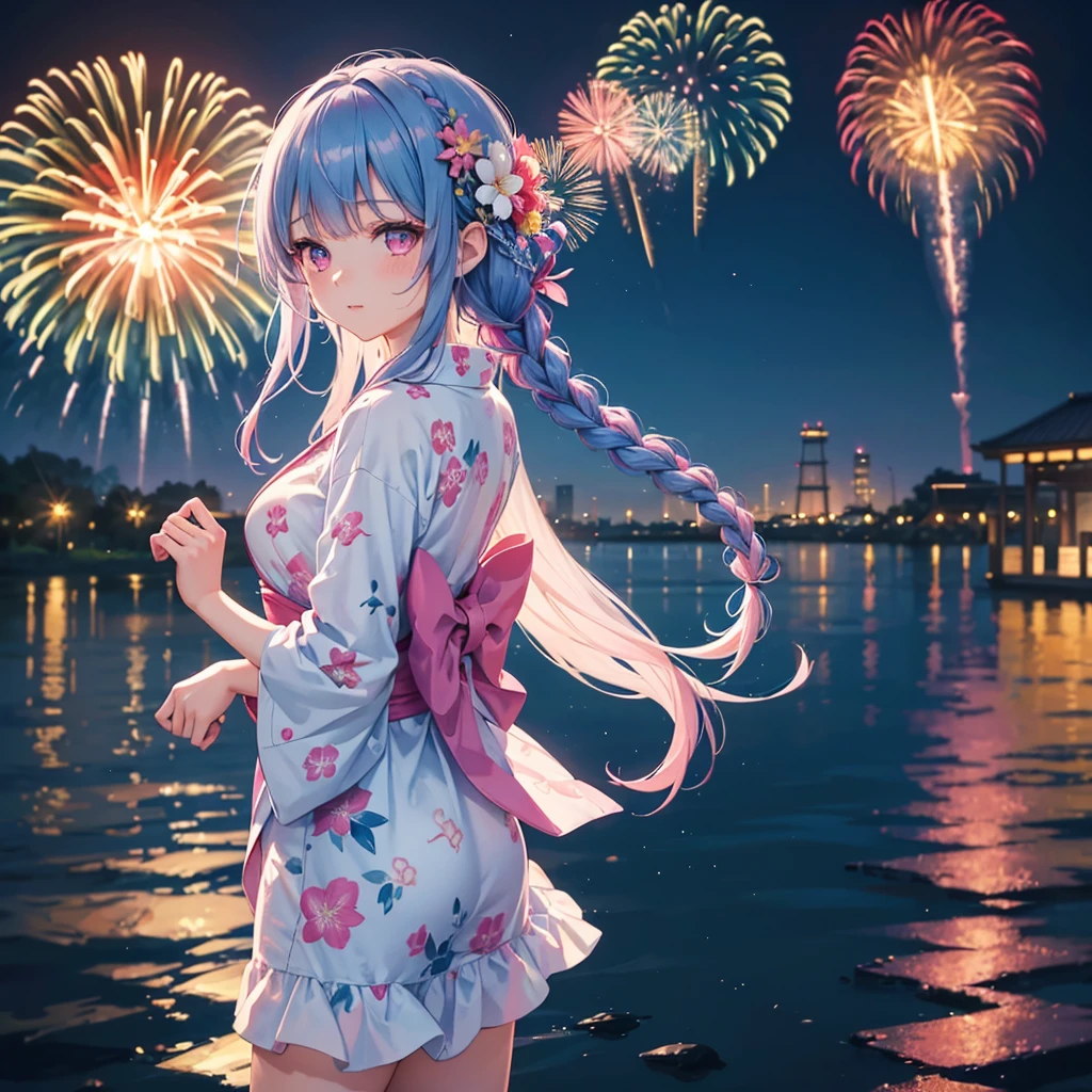 Sky Blue Medium Hair, (Braided hair),(Pink Eyes),Fair skin ,(whole body),(1 girl)、Floral Yukata、summer night、Fireworks on the lake、Big fireworks、Straight bangs,(masterpiece, Highest quality, Very detailed, Best Shadow), (Detailed Background), (Beautifully detailed face), High Contrast, (Best lighting, Very delicate and beautiful), ((Cinematic Light)), colorful, Hyper Detail 8k, Dramatic Light, Intricate details,Fireworks light reflected on the water