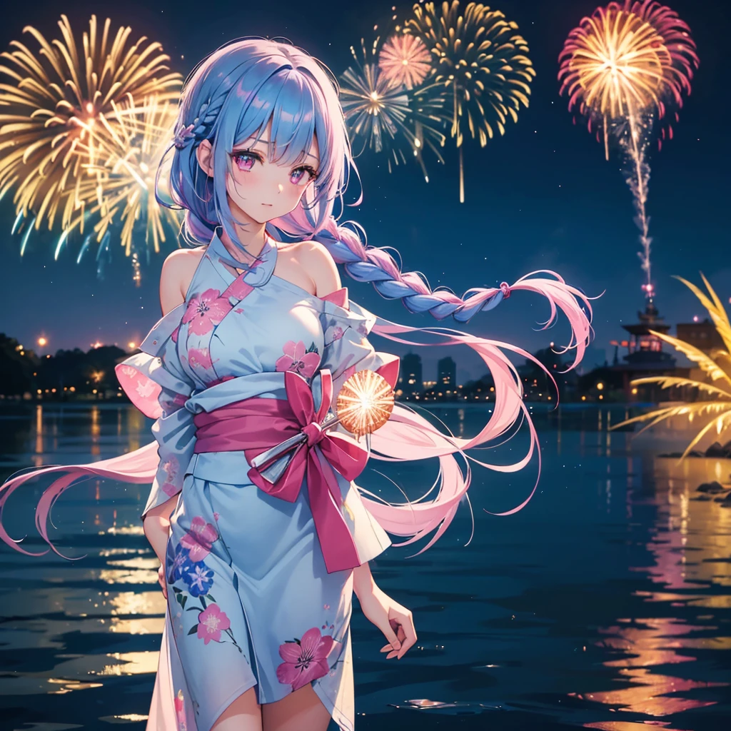Sky Blue Medium Hair, (Braided hair),(Pink Eyes),Fair skin ,(whole body),(1 girl)、Floral Yukata、summer night、Fireworks on the lake、Big fireworks、Straight bangs,(masterpiece, Highest quality, Very detailed, Best Shadow), (Detailed Background), (Beautifully detailed face), High Contrast, (Best lighting, Very delicate and beautiful), ((Cinematic Light)), colorful, Hyper Detail 8k, Dramatic Light, Intricate details,Fireworks light reflected on the water