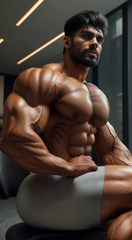 An award-winning original photo, Pain is raging on the face, screaming with pain and making aggressive face expressions, the head is tilted back A wild handsome muscular indian man,( 20 years old:1.3), 1boy, Solo, (), (tight underwear), sitting on chair in luxury office, from Front view, black hair, (big shoulders), musculature, stubbles, beard, headphones, Beautiful eyes:1.3, ), (Detailed face:1.3), dimples, (holded penis), Dynamic front Angle view, volumetric lighting, (Best quality, A high resolution, Photorealistic), Cinematic lighting, Masterpiece, RAW photo, Intricate details, hdr, depth of field, upper body, His perfect huge bulge,masterpieces