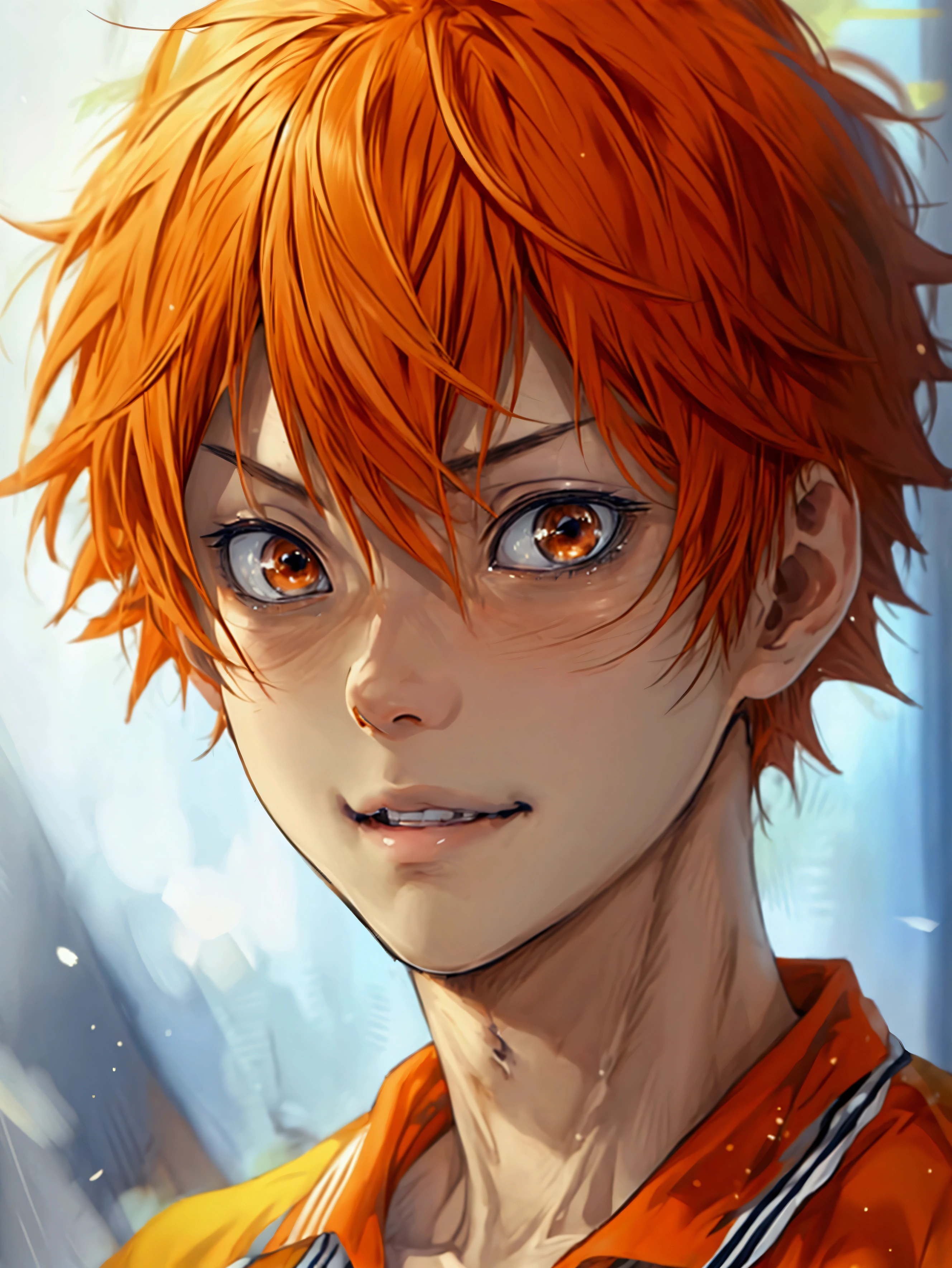 (Very realistic、concentrated、High resolution、Detailed face、Detailed Hair、Fine particles)、Official Art、Hinata Shoyang、 wallpaper、((1 boy))、Bright orange short hair、Light brown eyes、Glaring at the camera、A determined look、Photographed from the front、Bright smile、Orange Hair Color、日本のanime スタイル、anime 、Jersey、Adidas、gym、