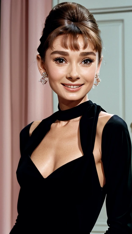 Audrey Hepburn dressed in clothes made of sexy plastic and smiling