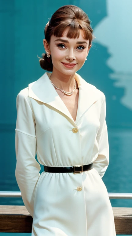 Audrey Hepburn dressed in clothes made of sexy plastic and smiling