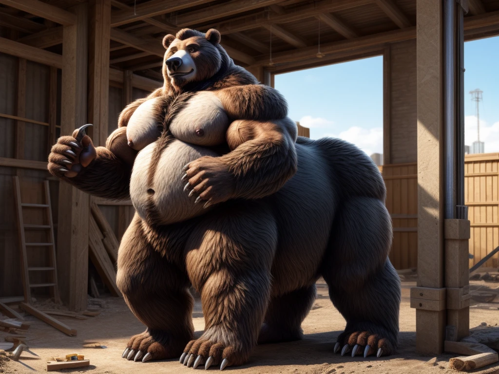 furry, fur taur, beartaur, beartaur-like, middle-age, solo,1man, detailed face, bear ears, bear eyes(brown), bear nose(black), bear mouth, beard(grey), mature hair(grey), detailed arm, thick arm, muscular, thick hands(5 fingers), thick claws, detailed body belly, thick body, muscle belly(white), thick chest, chest hair(white), nipples, detailed taur body, thick taur body, thick bear paws, thick bear claws, thick bear tail, full body shot, standing on the construction site