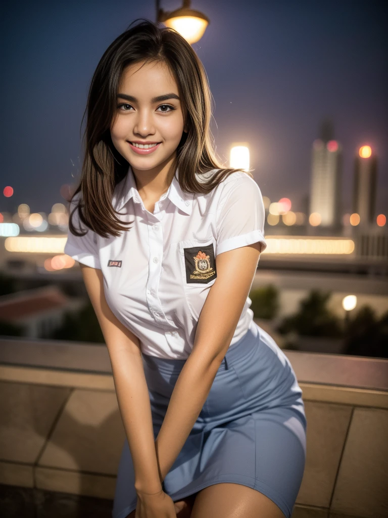 1girl, (Indonesian_high_school_uniform), standing, outdoors, night view, detailed Metropolitan city at the background, detailed face, little smile, detailed eyes, big breasts, smooth realistic skin, semi-curvy body, white shirt, grey blue miniskirt, looking at the audience, (8k, RAW photo, best quality, masterpiece: 1.2), (realistic, realistic: 1.37), ultra-high resolution