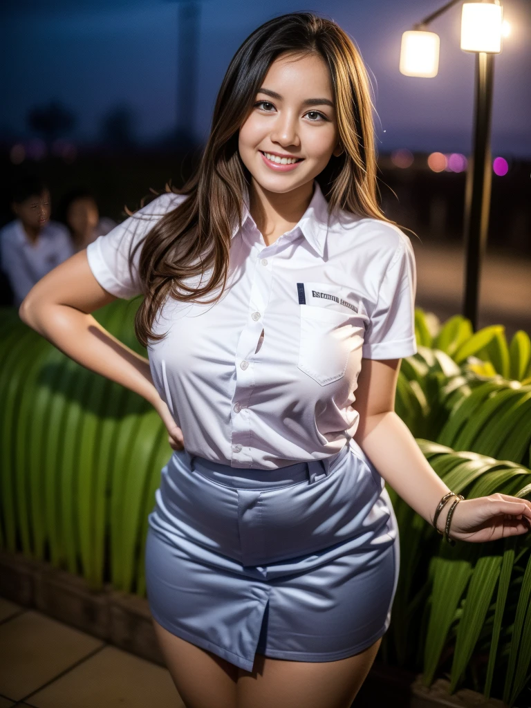 1girl, (Indonesian_high_school_uniform), standing, outdoors, night view, detailed Metropolitan city at the background, detailed face, little smile, detailed eyes, big breasts, smooth realistic skin, semi-curvy body, white shirt, grey blue miniskirt, looking at the audience, (8k, RAW photo, best quality, masterpiece: 1.2), (realistic, realistic: 1.37), ultra-high resolution