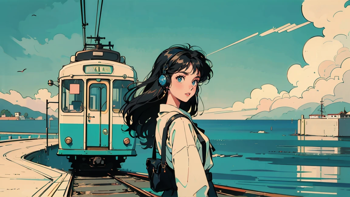 A coastal railway scene with a green and yellow tram stopped at a crossing. Blue sea and sky with white clouds in the background. In the foreground, a 21-year-old girl with long hair in 1980s style, wearing white clothes that beautifully contrast with the blue sky. She's wearing headphones and looking back towards the viewer, standing in front of the tram. The overall color palette has a retro, nostalgic feel.