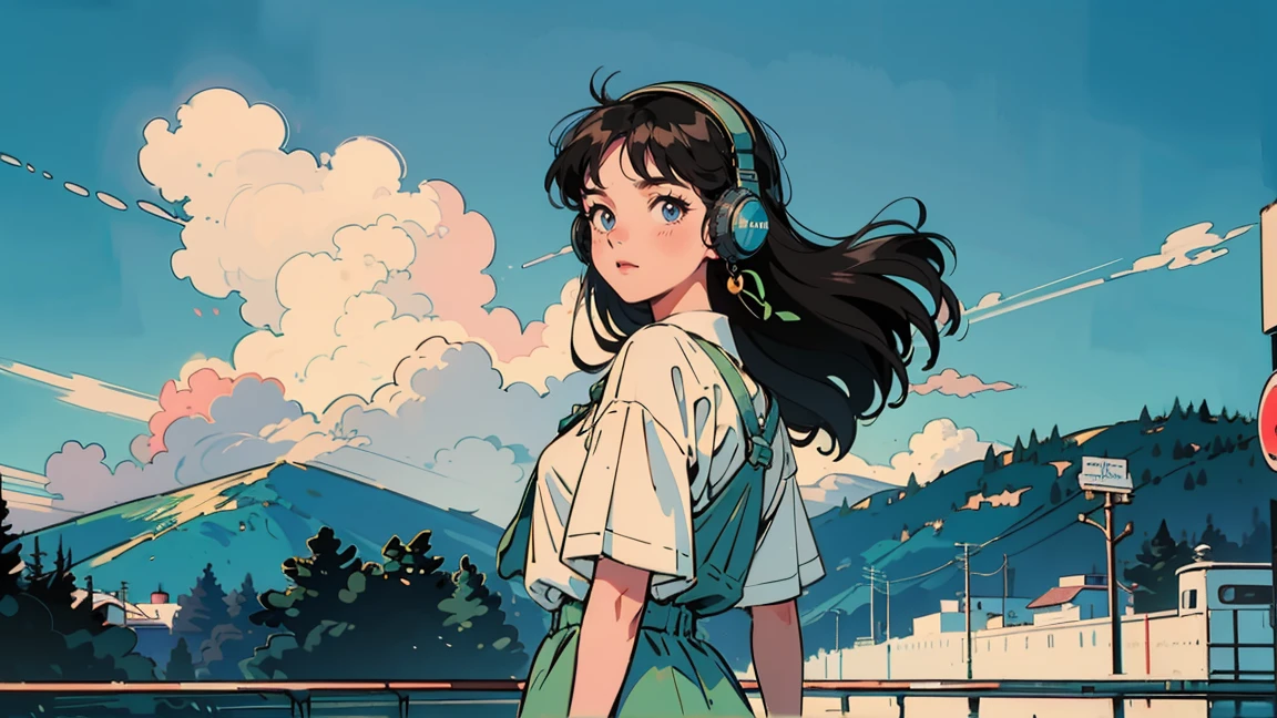 A coastal railway scene with a green and yellow tram stopped at a crossing. Blue sea and sky with white clouds in the background. In the foreground, a 21-year-old girl with long hair in 1980s style, wearing white clothes that beautifully contrast with the blue sky. She's wearing headphones and looking back towards the viewer, standing in front of the tram. The overall color palette has a retro, nostalgic feel.
