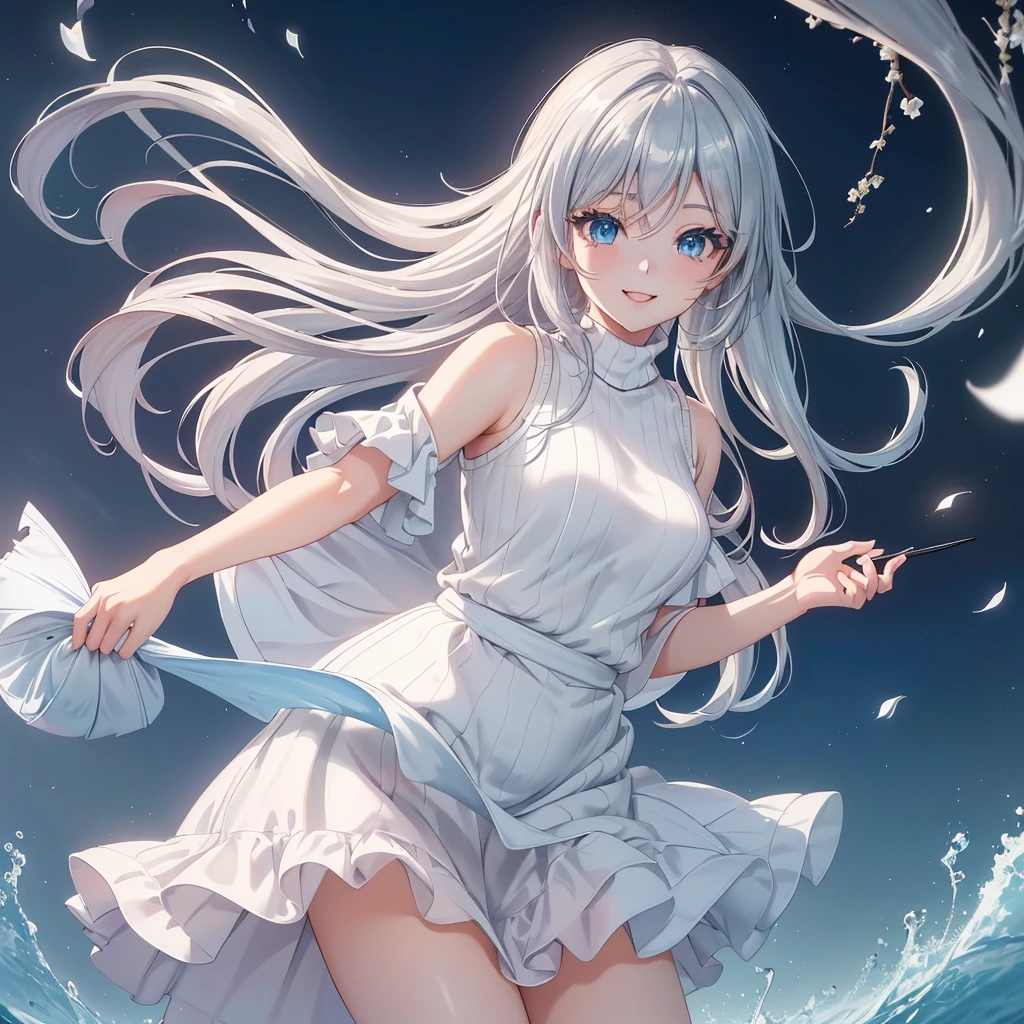 ((masterpiece, Highest quality, High resolution, 超High resolution, Pixel Perfect, Written boundary depth, 4K, RTTX10.0, High resolution))), 1 girl, single, alone, Beautiful Anime Girls, Beautiful art style, Anime characters, ((Long Hair, bangs, Silver Hair, Simple hairpin)), ((Blue Eyes:1.4, Round eyes, Beautiful eyelashes, Current Eyes)), ((Smooth texture:0.75, Anime CG style)), Mid-chest, ((Dynamic Angle, throw, close)), Perfect body, sweater, Expose your shoulders, Outdoor, wood, Written boundary depth, smile, Open your mouth,