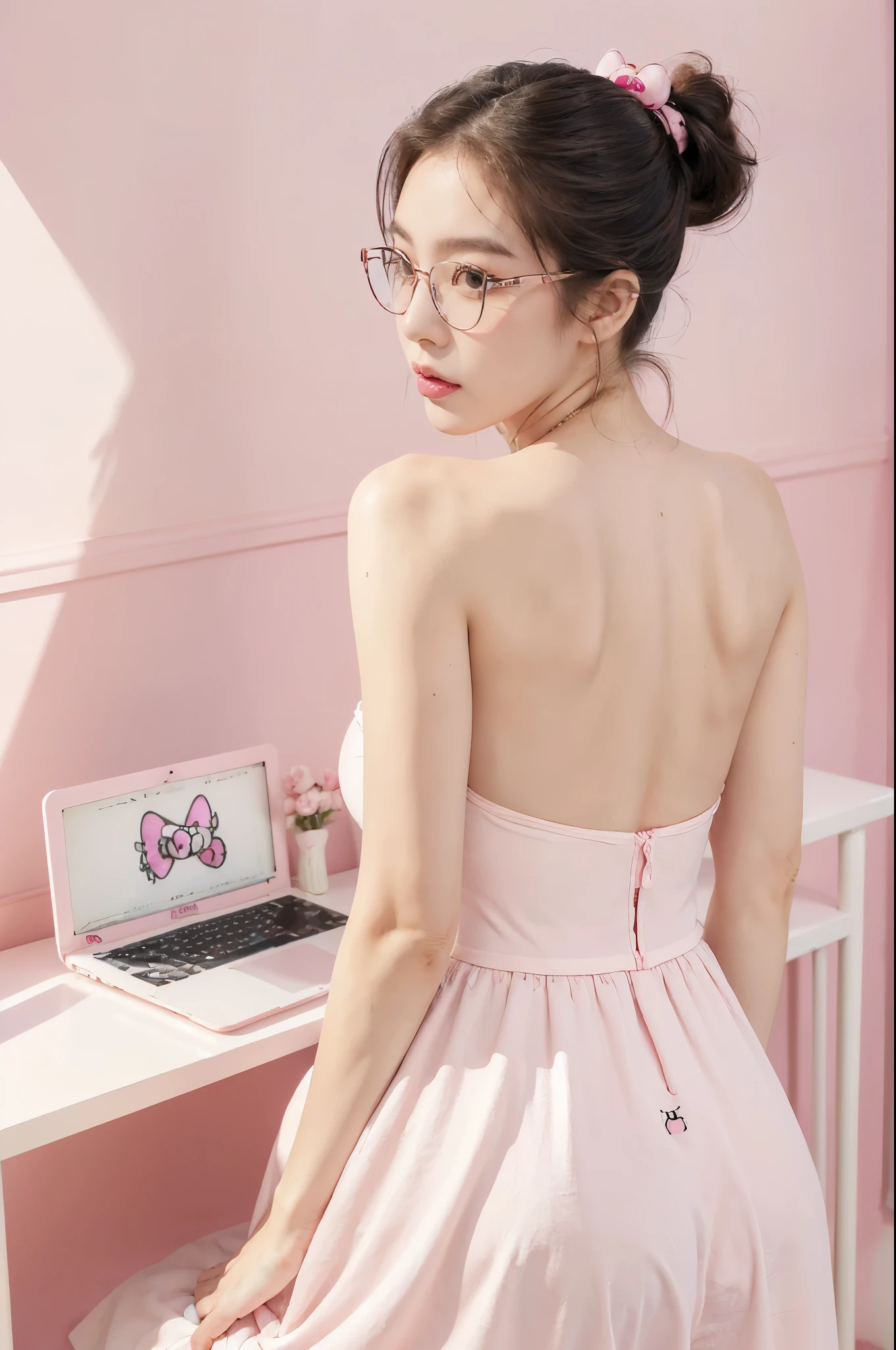 (((best quality))),(((ultra detailed))),(((masterpiece))),illustration,((1 beautiful girl,solo)),(short ponytail:1.2),((slim,thin)),((strapless,bare back,towering hips,butt crack)),(bright curious eyes:1.2), (glasses:1.3),(pink sundress with white Hello Kitty logo:1.3),((sweat,wet)),(Hello Kitty-themed bedroom:1.3),(beside the cluttered desk:1.3),((assignment,books, papers, computer)), ((pink walls, Hello Kitty posters, pink bedding)), open window, gentle breeze, streetlights, youthful innocence, determination,summer, hard work, passion, youthful energy,((from back,upper body)),(night scene:1.3)