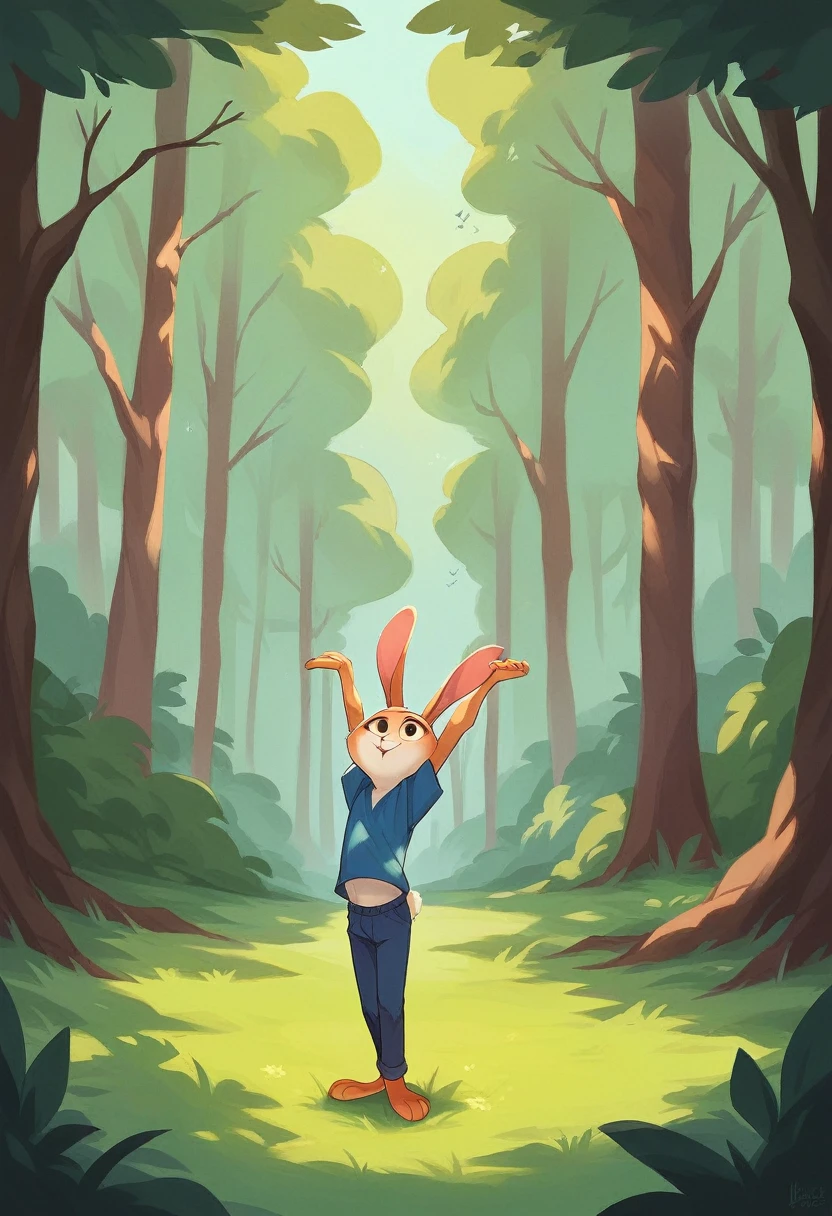 A beautiful forest，The trees are lush，The sun shines through the leaves onto the ground。In the center of the picture is a cute little rabbit and a kind big rabbit，The little rabbit is stretching his arms as far as he can，Express its love。(Pixar style、high quality，The picture is very good)