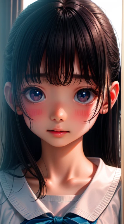 High resolution, Highest quality, super high quality, Very detailed, Cinema Lighting、living room、uniform、Embarrassing、Sweaty、Sweat、Eyes from below、Girl seen from the floor、Low - Angle、 See through、