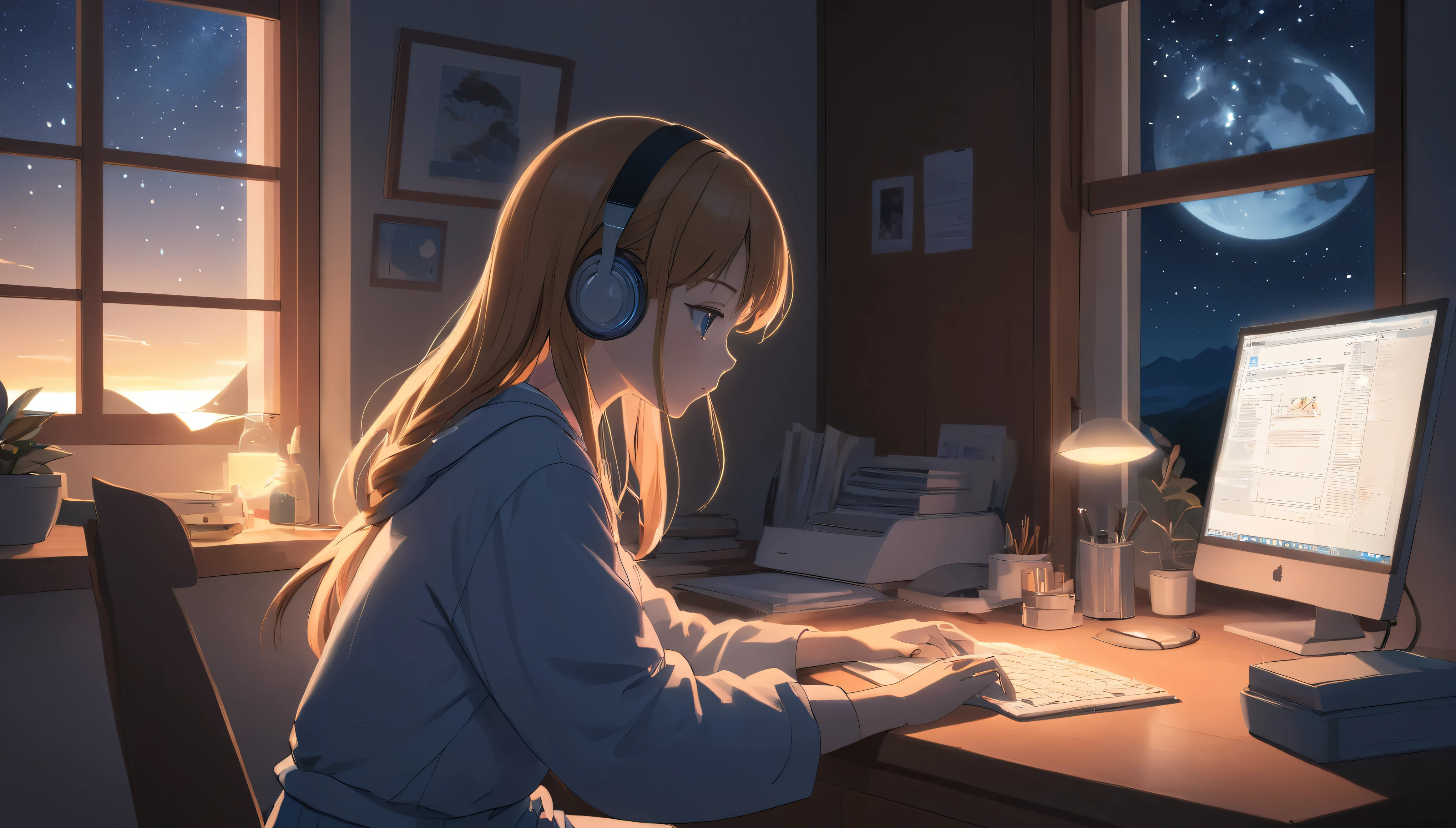 An anime illustration of a woman wearing headphones and intently looking at a PC while working on something. The scene is set by a window with a view of a nighttime , and the overall atmosphere reflects the soft, calming vibe of lofi music.