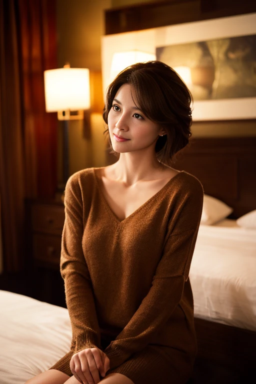 Photorealistic、Highest quality、 High resolution、8k、Surreal、Very delicate、Perfect dynamic composition、 Realistic skin feel、 One woman、whole body、Beautiful woman、 Beautiful attention to detail、 double eyelid、 Deeply carved features、High nose、 (tight V-neck knit、)tightスカート、stockings、Big and ample breasts、Beautiful valley、 plump pelvis、Slim waist、 Adult Beauty、 (Sexy woman in her 40s)、 Classy atmosphere、(Brown short hair、)Sexy look、Gazing at the audience、 (Hotel Bedroom、 )Dark Room、Light stand light、