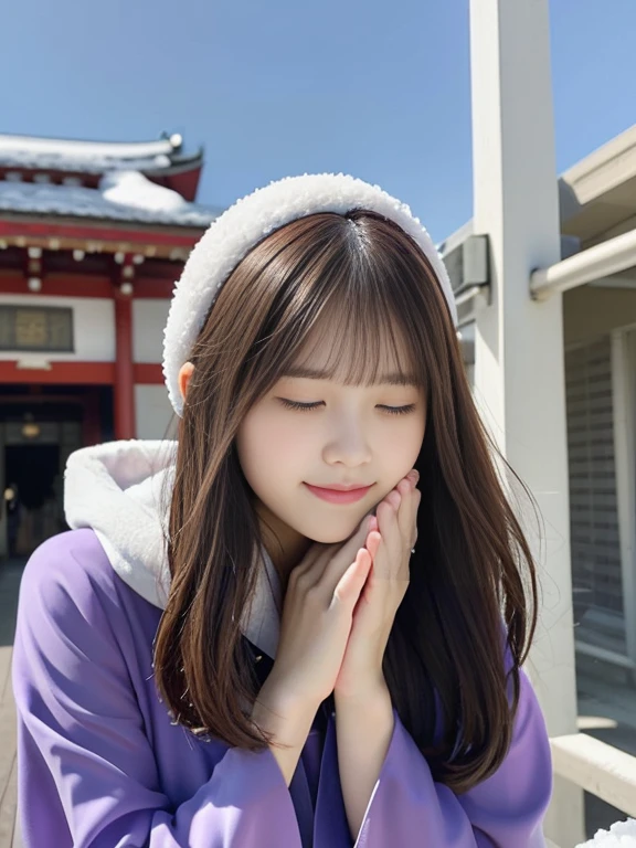 (She was beautifully dressed in purple.、Close-up portrait of a long-haired woman with blunt bangs:1.5)、(A woman praying with her eyes closed in front of the main gate of her high school:1.5)、(The main gate of a Japanese high school under the winter sky:1.5)、(Perfect Anatomy:1.3)、(No mask:1.3)、(Full Finger:1.3)、29-year-old、Slightly upturned、A housewife-like figure overflowing with sex appeal、cute、Realistic、photograph、Tabletop、Highest quality、High resolution, Delicate and beautiful、Perfect Face、Beautiful attention to detail、Fair skin、Real human skin、pores、((Thin legs))、(Brown Hair)、(zoom)