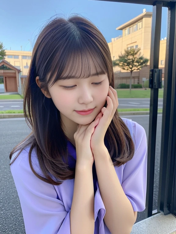 (She was beautifully dressed in purple.、Close-up portrait of a long-haired woman with blunt bangs:1.5)、(A woman praying with her eyes closed in front of the main gate of her high school:1.5)、(The main gate of a Japanese high school under the winter sky:1.5)、(Perfect Anatomy:1.3)、(No mask:1.3)、(Full Finger:1.3)、29-year-old、Slightly upturned、A housewife-like figure overflowing with sex appeal、cute、Realistic、photograph、Tabletop、Highest quality、High resolution, Delicate and beautiful、Perfect Face、Beautiful attention to detail、Fair skin、Real human skin、pores、((Thin legs))、(Brown Hair)、(zoom)
