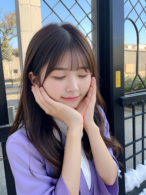 (She was beautifully dressed in purple.、Close-up portrait of a long-haired woman with blunt bangs:1.5)、(A woman praying with her eyes closed in front of the main gate of her high school:1.5)、(The main gate of a Japanese high school under the winter sky:1.5)、(Perfect Anatomy:1.3)、(No mask:1.3)、(Full Finger:1.3)、29-year-old、Slightly upturned、A housewife-like figure overflowing with sex appeal、cute、Realistic、photograph、Tabletop、Highest quality、High resolution, Delicate and beautiful、Perfect Face、Beautiful attention to detail、Fair skin、Real human skin、pores、((Thin legs))、(Brown Hair)、(zoom)