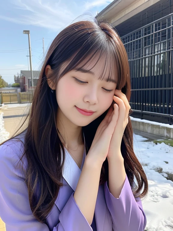 (She was beautifully dressed in purple.、Close-up portrait of a long-haired woman with blunt bangs:1.5)、(A woman praying with her eyes closed in front of the main gate of her high school:1.5)、(The main gate of a Japanese high school under the winter sky:1.5)、(Perfect Anatomy:1.3)、(No mask:1.3)、(Full Finger:1.3)、29-year-old、Slightly upturned、A housewife-like figure overflowing with sex appeal、cute、Realistic、photograph、Tabletop、Highest quality、High resolution, Delicate and beautiful、Perfect Face、Beautiful attention to detail、Fair skin、Real human skin、pores、((Thin legs))、(Brown Hair)、(zoom)