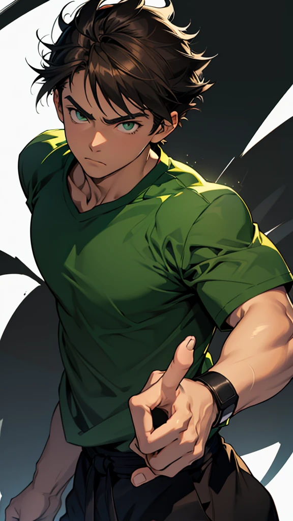 a young teenager, called Akira, beautiful  face, brownhair, greeneyes, 17 yr old, wearing a basic dark green t-shirt, short preto, "semi-realistic anime style" 8k​ Dynamic karate poses , black backdrop,