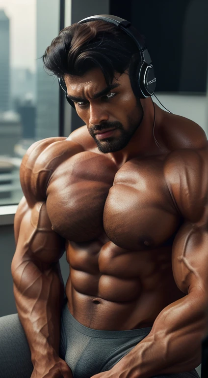An award-winning original photo, Pain is raging on the face, screaming with pain and making aggressive face expressions, the head is tilted back A wild handsome muscular indian man,( 20 years old:1.3), 1boy, Solo, (looking in camera), (tight underwear), sitting on chair in luxury office, from Front view, black hair, (big shoulders), musculature, stubbles, beard, headphones, Beautiful eyes:1.3, ), (Detailed face:1.3), dimples, (holded penis), Dynamic front Angle view, volumetric lighting, (Best quality, A high resolution, Photorealistic), Cinematic lighting, Masterpiece, RAW photo, Intricate details, hdr, depth of field, upper body, His perfect huge bulge,masterpieces