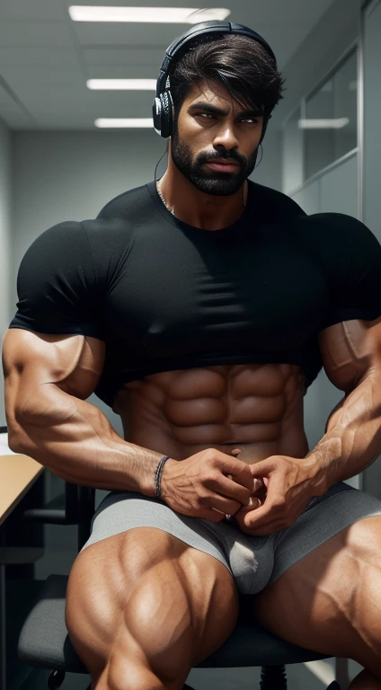 An award-winning original photo, Pain is raging on the face, screaming with pain and making aggressive face expressions, the head is tilted back A wild handsome muscular indian man,( 20 years old:1.3), 1boy, Solo, (looking in camera), (tight underwear), sitting on chair in luxury office, from Front view, black hair, (big shoulders), musculature, stubbles, beard, headphones, Beautiful eyes:1.3, ), (Detailed face:1.3), dimples, (holded penis), Dynamic front Angle view, volumetric lighting, (Best quality, A high resolution, Photorealistic), Cinematic lighting, Masterpiece, RAW photo, Intricate details, hdr, depth of field, upper body, His perfect huge bulge,masterpieces
