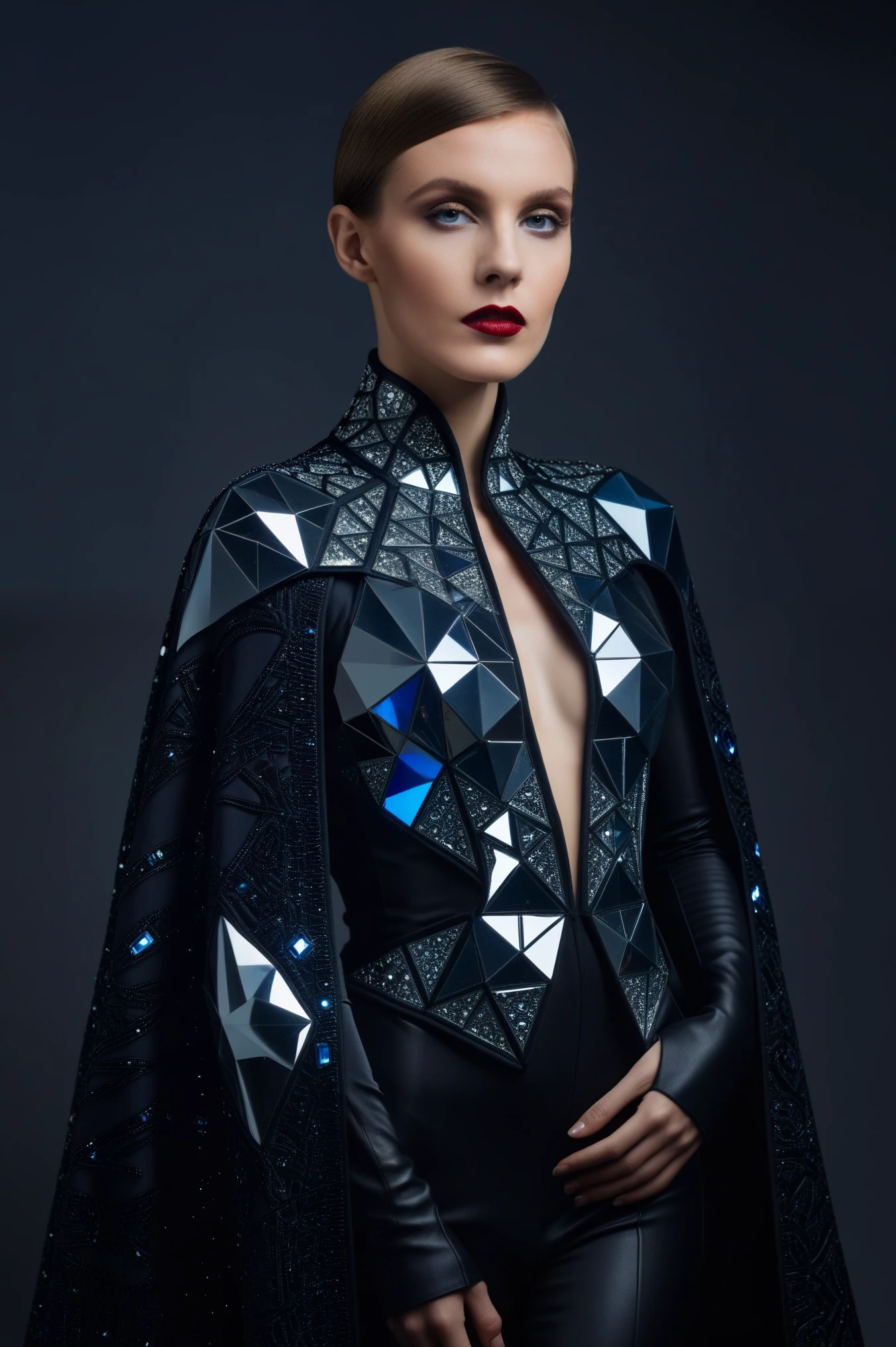 [art by Barbara Stauffacher Solomon and (Brassaï:1.2) ::12], photograph, Lively slim Cyberpunk Trinity, she is wearing her Baroque Crystal Cubism fashion style Cape, Relaxed, Nikon d850, F/1.8, dark, haute couture