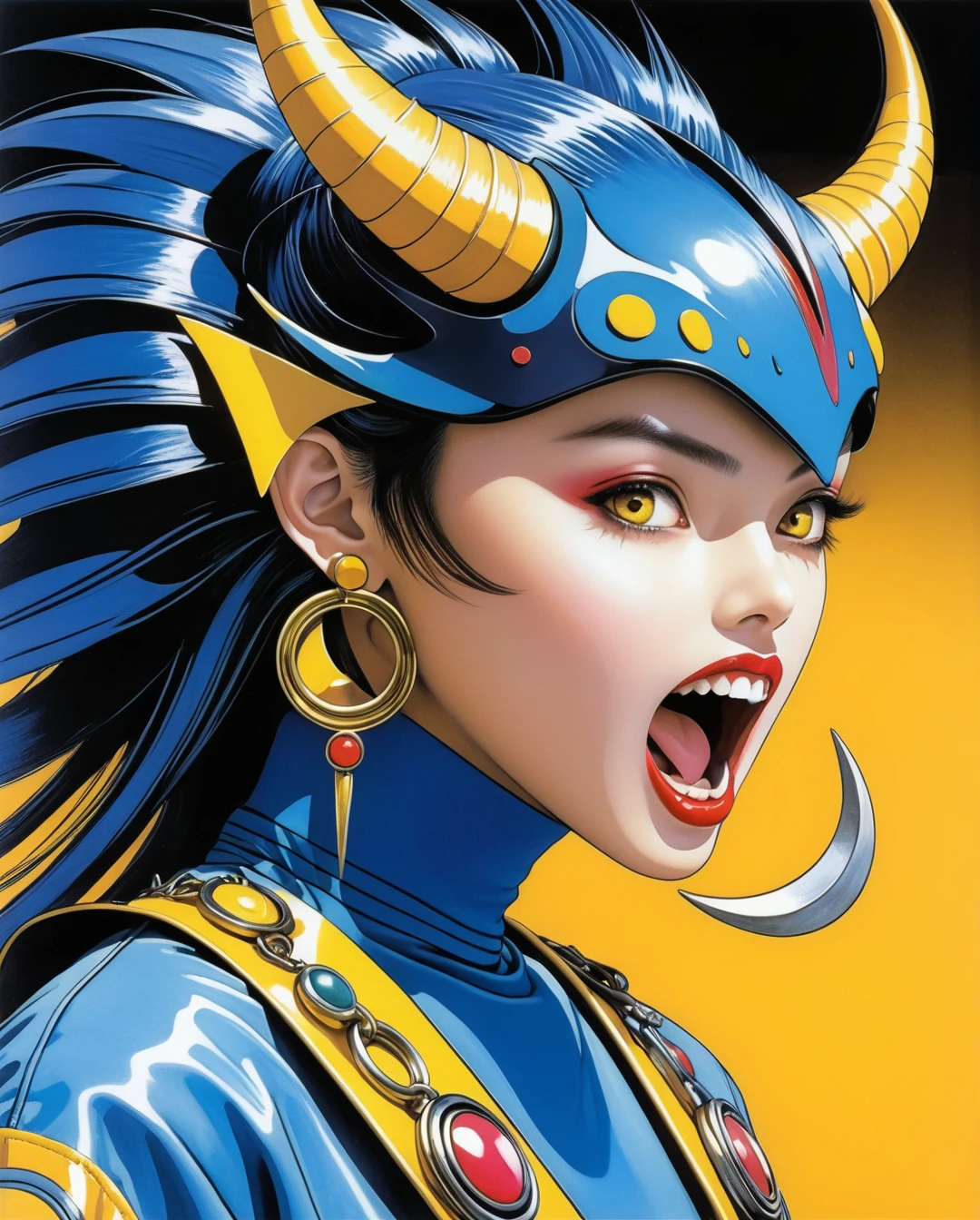 Art style by Hajime Sorayama, Art style by Hiroshi Nagai, (Masterpiece, Top Quality, Super Detail, High Resolution, Best Illustration), 1990s (style), 1980s (style), retro art style, Highest image quality, (Masterpiece, top quality, super detail, high resolution, best illustration), vintage, 1990s \(style\), dynamic angle,  solo, looking at viewer, open mouth, simple background, jewelry, yellow eyes, earrings, horns, teeth, tongue, no humans, sharp teeth, black background, colored sclera, monster, scales