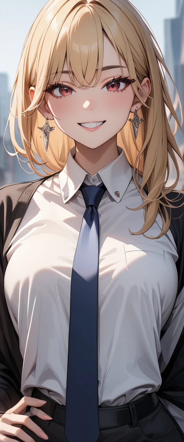 (masterpiece, Highest quality, invery aesthetic, Super detailed), Intricate details,
One girl, Blonde, Red eyes, Collared shirt, White shirt, Earrings, Blue tie, Grin, Raise your arms, in, looking at viewer, Upper Body,