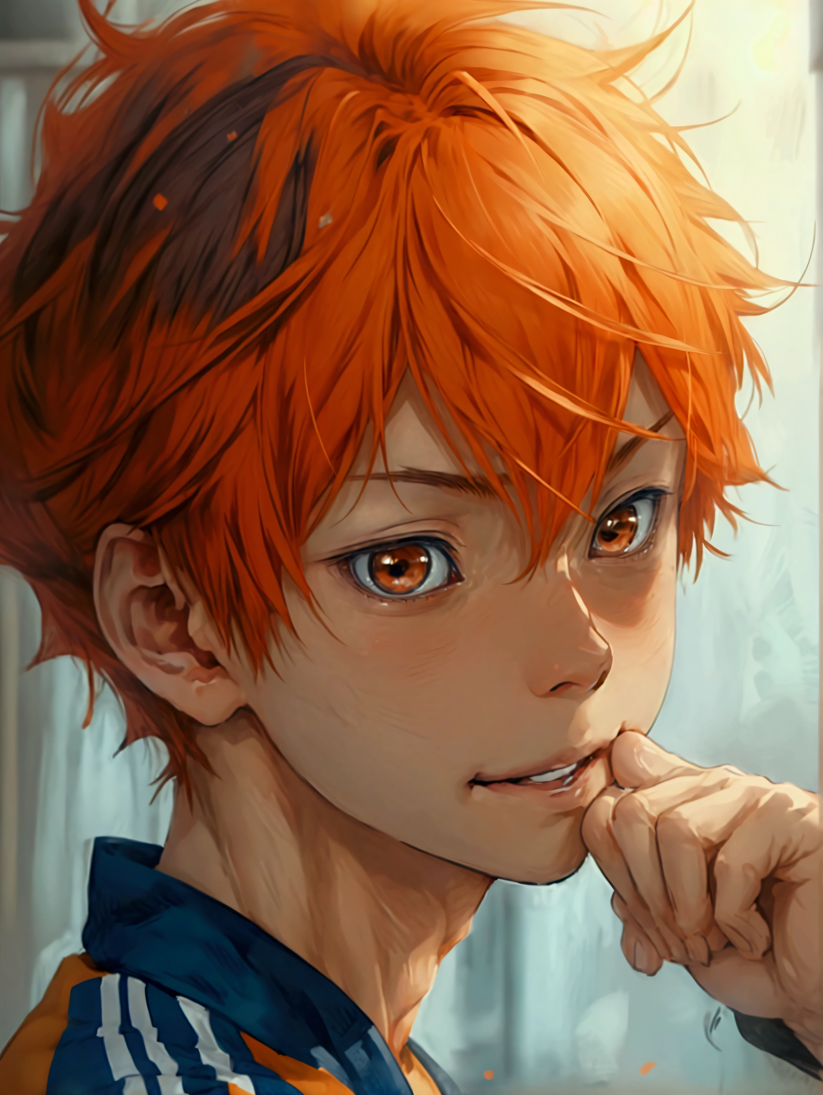 (Very realistic、concentrated、High resolution、Detailed face、Detailed Hair、Fine particles)、Official Art、Hinata Shoyang、 wallpaper、((1 boy))、Bright orange short hair、Light brown eyes、Glaring at the camera、Biting the lower lip、vexation、Photographed from the front、Bright smile、Orange Hair Color、日本のanime スタイル、anime 、Jersey、Adidas、gym、