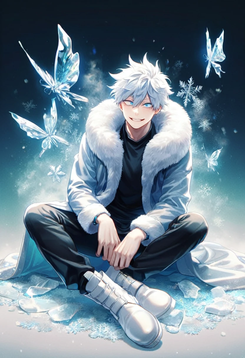 absurdres, highres, ultra detailed, HDR, master piece, best quality, extremely detailed face, delicated features, Gojou Satoru, white hair, messy hair, hair between the eyes, expressive blue eyes, white eyelashes, Boku No Hero Academia, solo, sexy man sitting, handsome, smiling, light-blue jacket with fur, black shirt, black pants, white boots, full body, fantasy, magical, ice, snow, ice butterflies, snowflakes, ice flowers, ice background