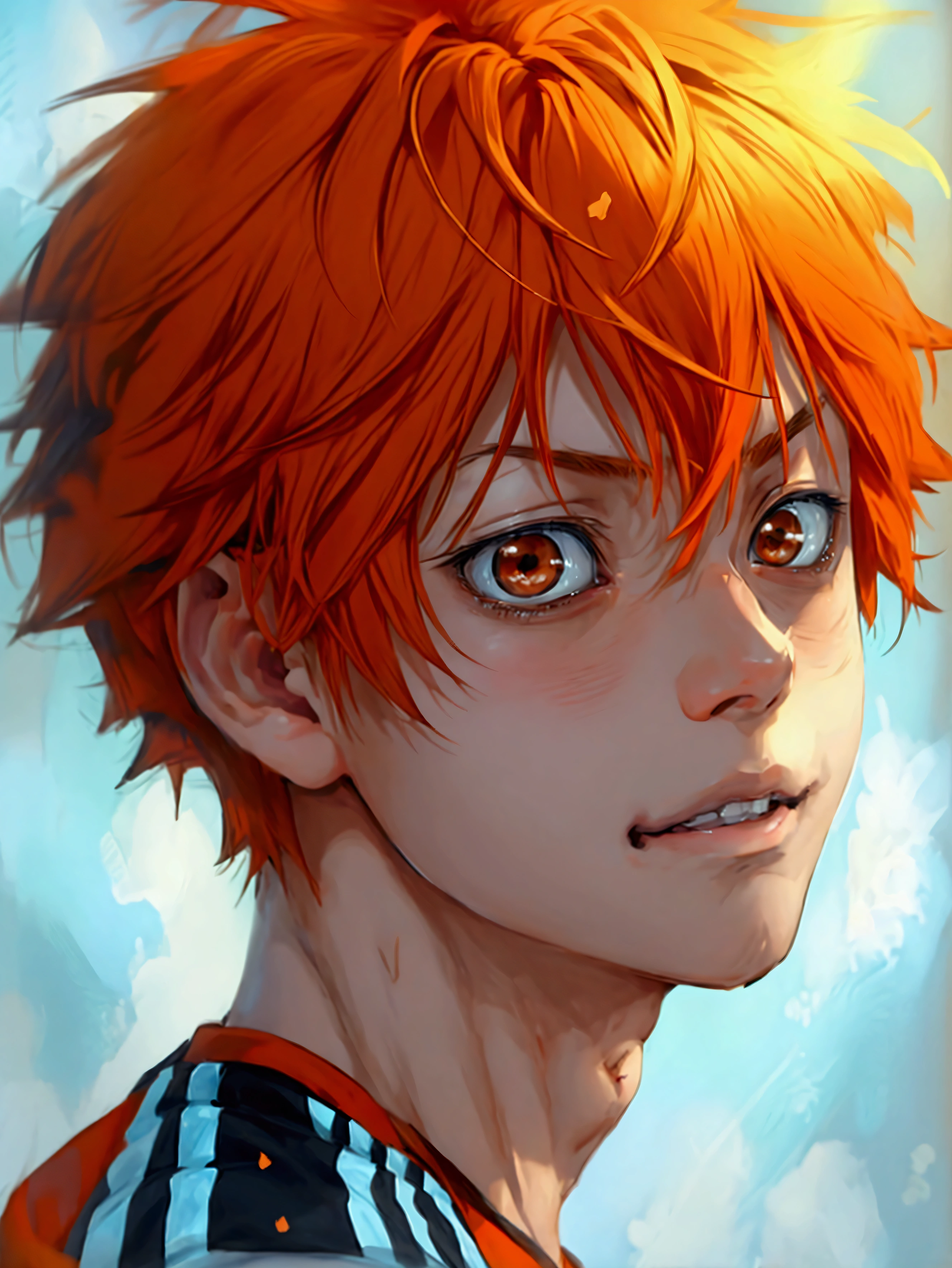 (Very realistic、concentrated、High resolution、Detailed face、Detailed Hair、Fine particles)、Official Art、Hinata Shoyang、 wallpaper、((1 boy))、Bright orange short hair、Light brown eyes、Glaring at the camera、Biting the lower lip、vexation、Photographed from the front、Bright smile、Orange Hair Color、日本のanime スタイル、anime 、Jersey、Adidas、gym、