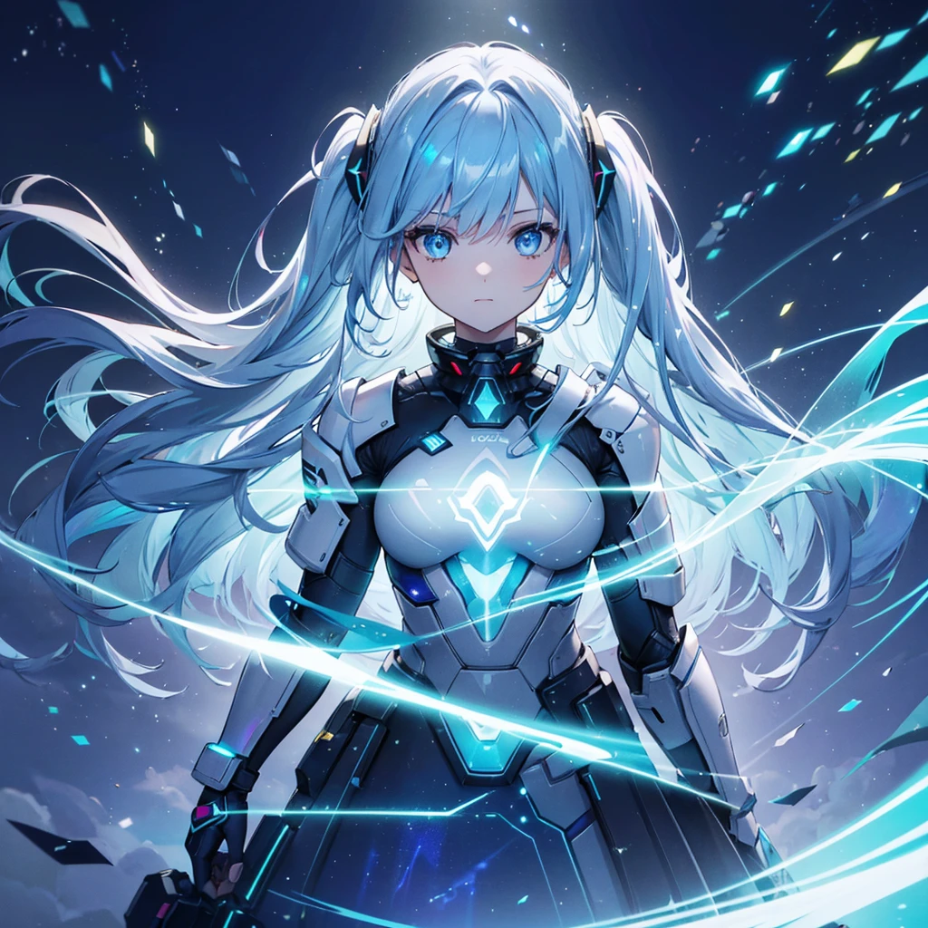 ((Holographic glow effect)),8k, Highest quality, (real:1.4), Original photo, 1 girl, Asari Hair, Biological Amplifier, refined armor, posture: Peace talks between warring factions, smart blue eyes,whole body,Vortex of Light,Band of Light,Wind of Light