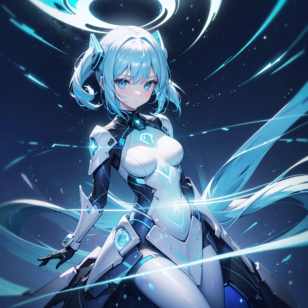 ((Holographic glow effect)),8k, Highest quality, (real:1.4), Original photo, 1 girl, Asari Hair, Biological Amplifier, refined armor, posture: Peace talks between warring factions, smart blue eyes,whole body,Vortex of Light,Band of Light,Wind of Light