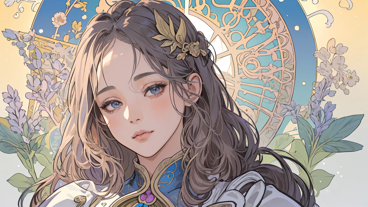 tarot cards, 1 girl，european girl face portrait，shapeless long hair, shiny skin, detailed face, wearing a patterned robe， Sumeru，cloud, moon，((tarot cardsのレイアウト))，highest quality, masterpiece, (realistic:0.6), realistic lighting,flower frame， decorative panel， abstract artistic， (Alphonse Mucha) （master piece， best quality, 8k, very detailed， intricate details， 4k，Cerulean， line drawing， fibonacci.facing left,