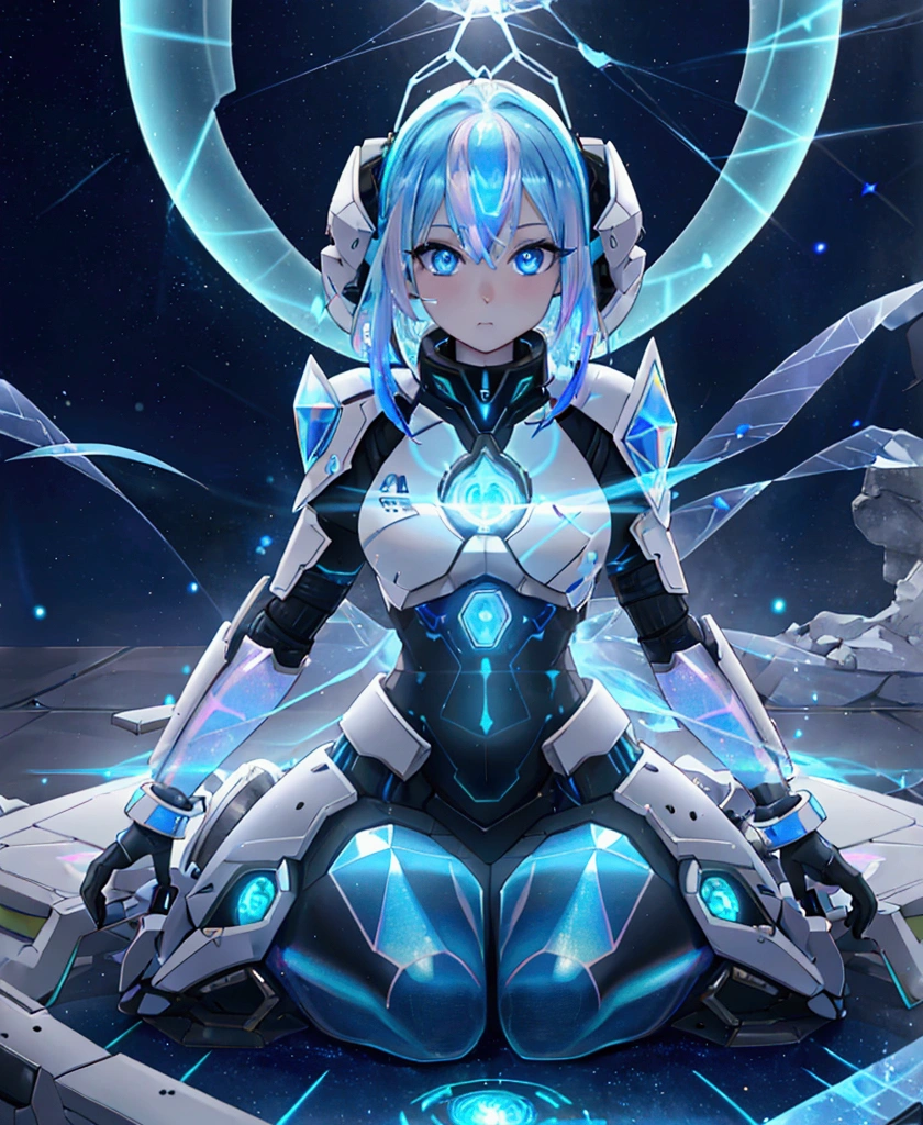 ((Holographic glow effect)),8k, Highest quality, (real:1.4), Original photo, 1 girl, Asari Hair, Biological Amplifier, refined armor, posture: Peace talks between warring factions, smart blue eyes,whole body,Vortex of Light,Band of Light,Wind of Light