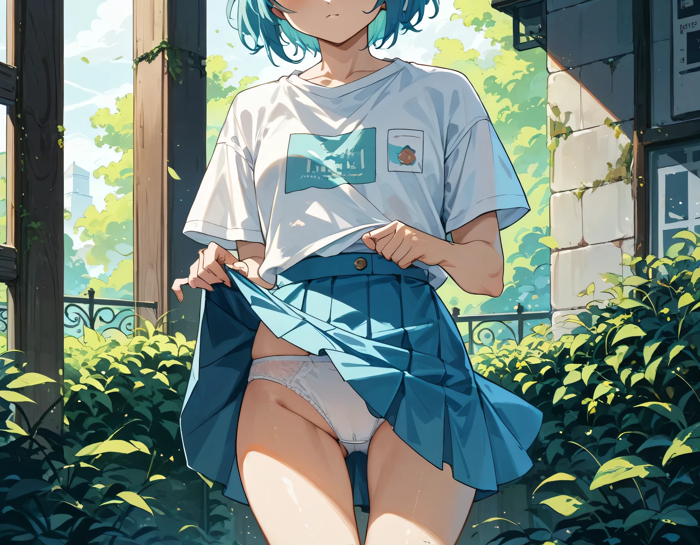 sticking to shirt、Her are visible through her shirt、Blue flared skirt、She lifts her skirt to show her cute white underwear